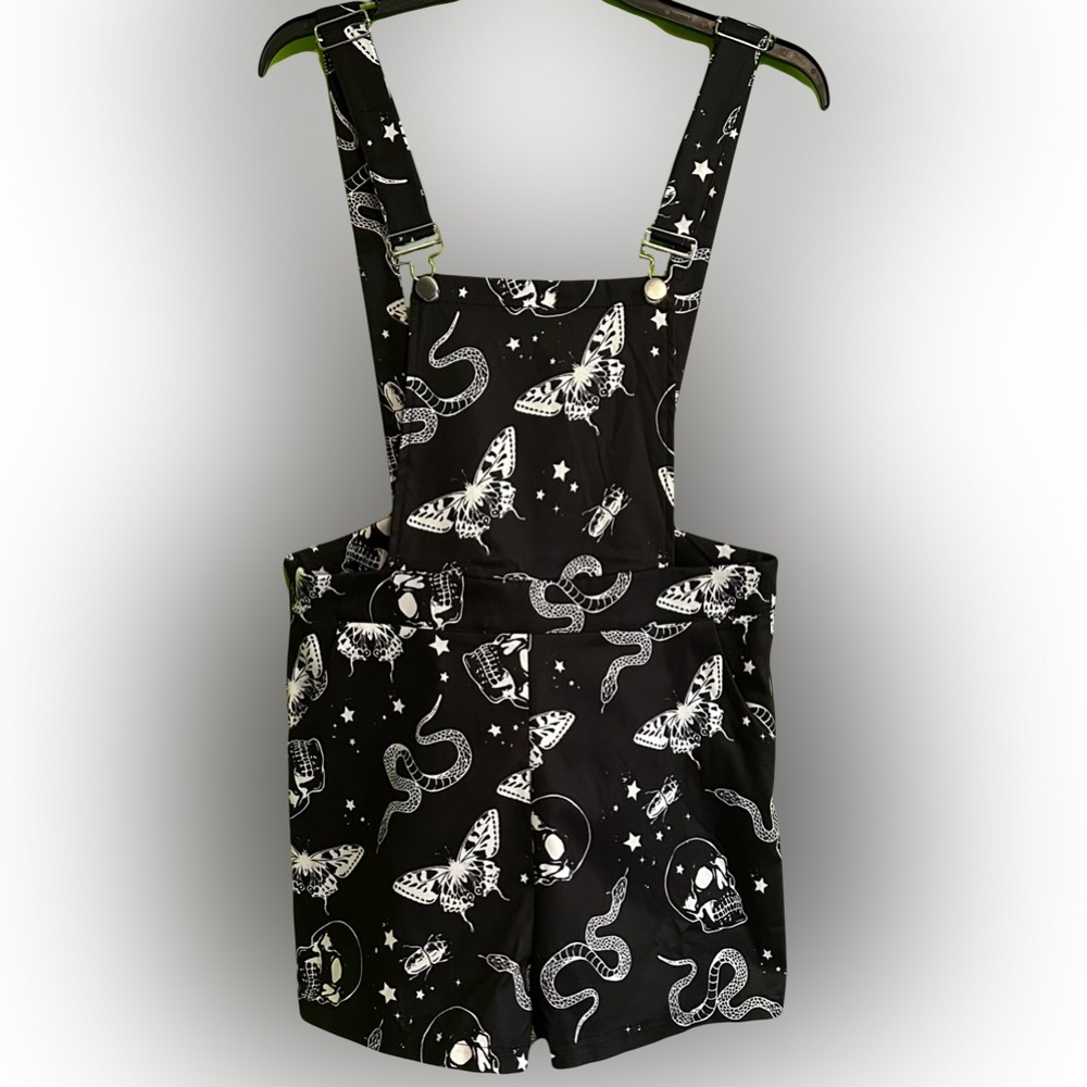 Black Overalls with White Skulls, Snakes & Moth Print